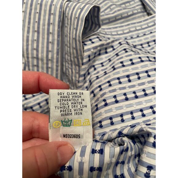 Bugatchi luxury designer shirt Button Mens blue white long sleeve embroider Lg - Picture 6 of 6